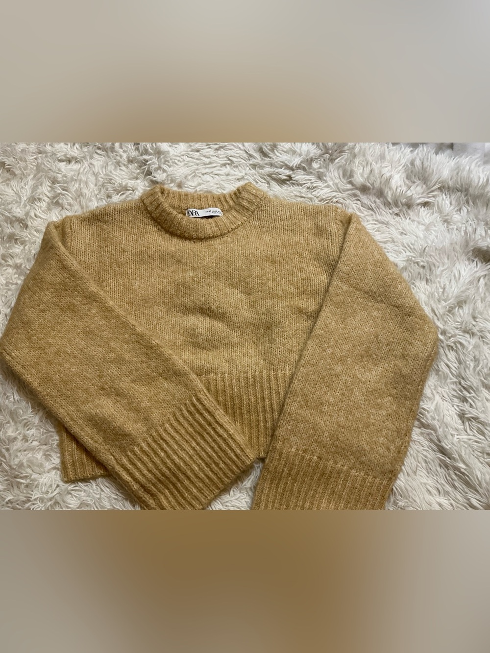 Zara Womens XS Fuzzy Knit Cropped Crewneck Sweater Wide Bell Sleeve Honey